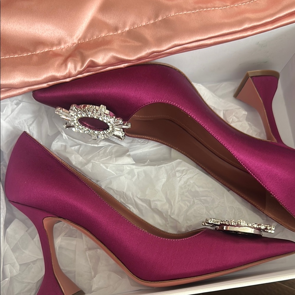 Elegant Fuchsia Satin Heels with Crystal Embellishments